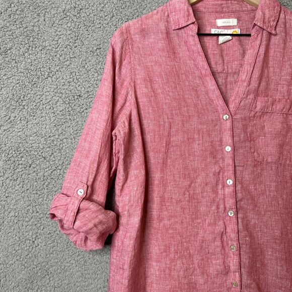 C&C CALIFORNIA Button Up Shirt Womens S Small Pink Linen V Neck Tunic Roll Tab - Picture 3 of 14